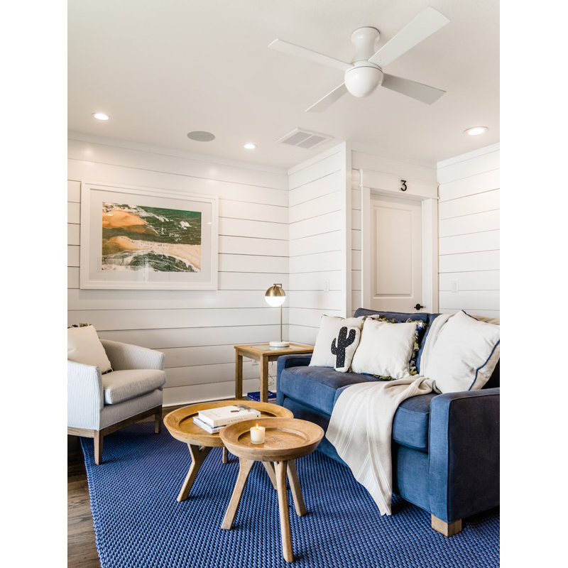 Flush Mount Ceiling Fan, Gloss White, White, Wall Control with Remote Handset (2-wire)