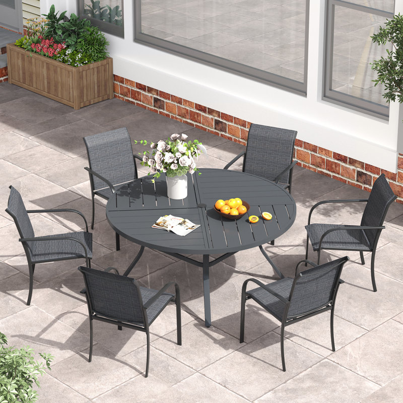 Outdoor Patio Dining Set - 47'' Round Table with Umbrella Hole + 6 Stackable Chairs, Dark Gray/Gray