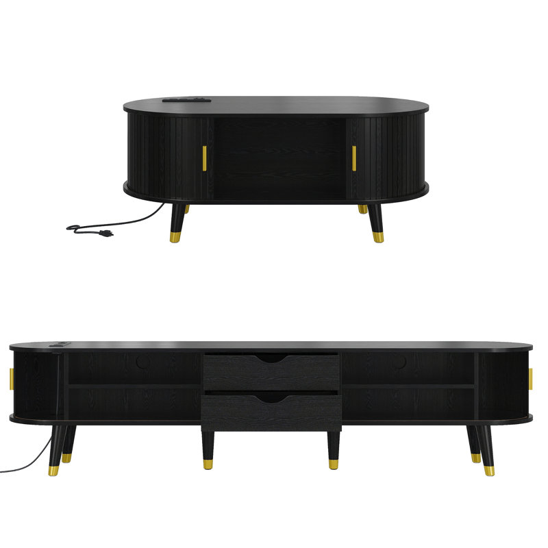 Ensemble de meuble télé et de table basse en bois avec station de charge