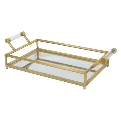 CosmoLiving by Cosmopolitan Gold Metal Mirrored Tray with Acrylic Handles 22" x 12" x 5"