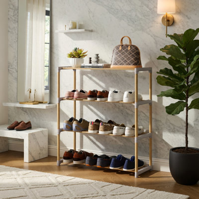 Range-chaussures en bois de pin massif à 3 ou 4 niveaux avec tablettes ouvertes à lattes - Organisateur de vestibule moderne naturel et gris pour chaussures, livres et articles de toilette