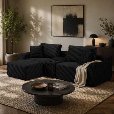 Canapé modulaire modulaire, canapé en nuage de velours côtelé à siège profond avec porte-gobelets, ports USB et boîte de rangement, canapé-lit, canapé-lit sans dossier avec repose-pieds mobile pour le salon, aucun assemblage requis, noir