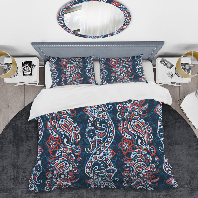 Cachemire bleu et brun à motif floral - Ensemble de housse de couette abstrait - Microfibre de polyester