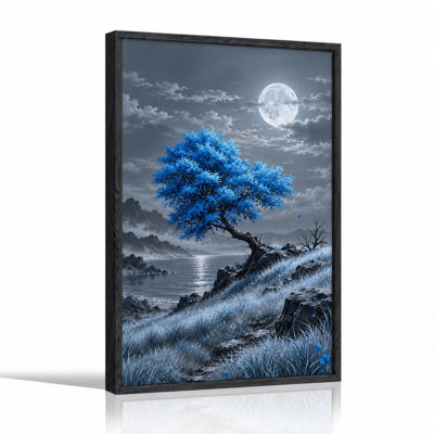 Arbre bleu sur le rivage rocheux sous la pleine lune - Tableau sur toile