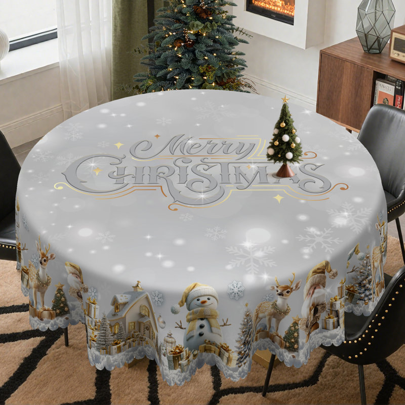 Nappe en polyester gris lavable à la machine avec motif bonhomme de neige doré pour Noël