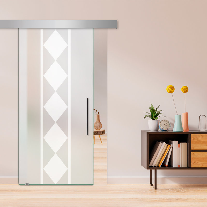 Porte de grange coulissante en verre sans cadre avec design moderne sablé + ensemble de quincaillerie (double-privée), Blanc