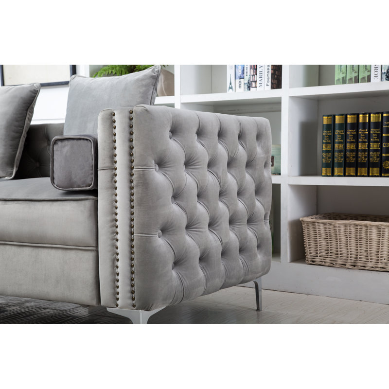 Dawson 104" Wide Velvet Reversible Modular Sofa & Chaise with Ottoman, Gray