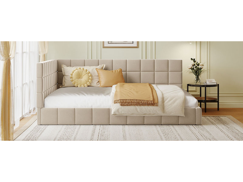Structure de lit de jour double rembourrée pleine grandeur - beige, velours