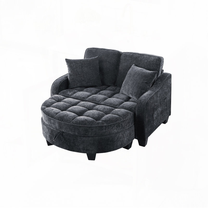 Chenille 2-seater Sofa, Double Sofa Chaise Longue, Black