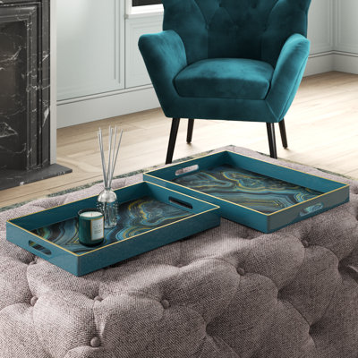 Set of 2 Blue Plastic Trays with Gold Marbled Patterns, Decorative Nesting Trays for Serving