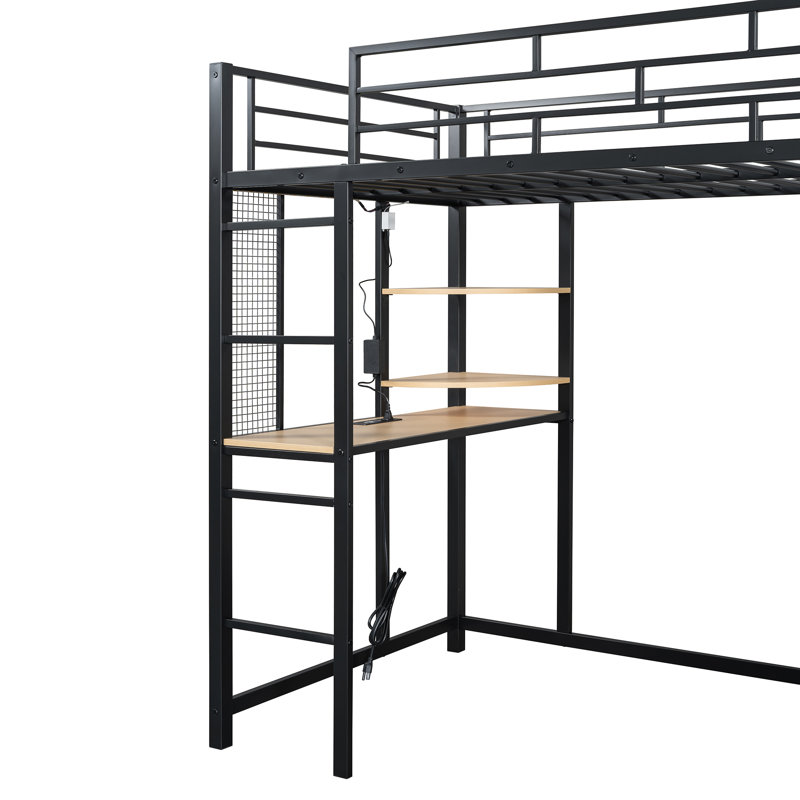 Lit mezzanine simple avec rangement pour bureau et garde-robe, Lit simple, Noir