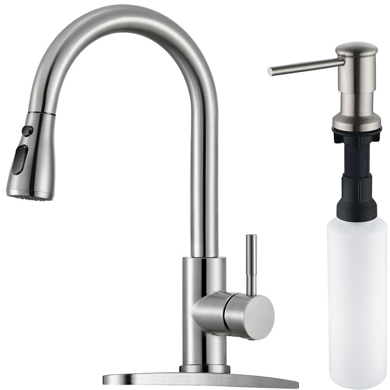 Robinet de cuisine moderne à une poignée et douchette extractible avec distributeur de savon en acier inoxydable