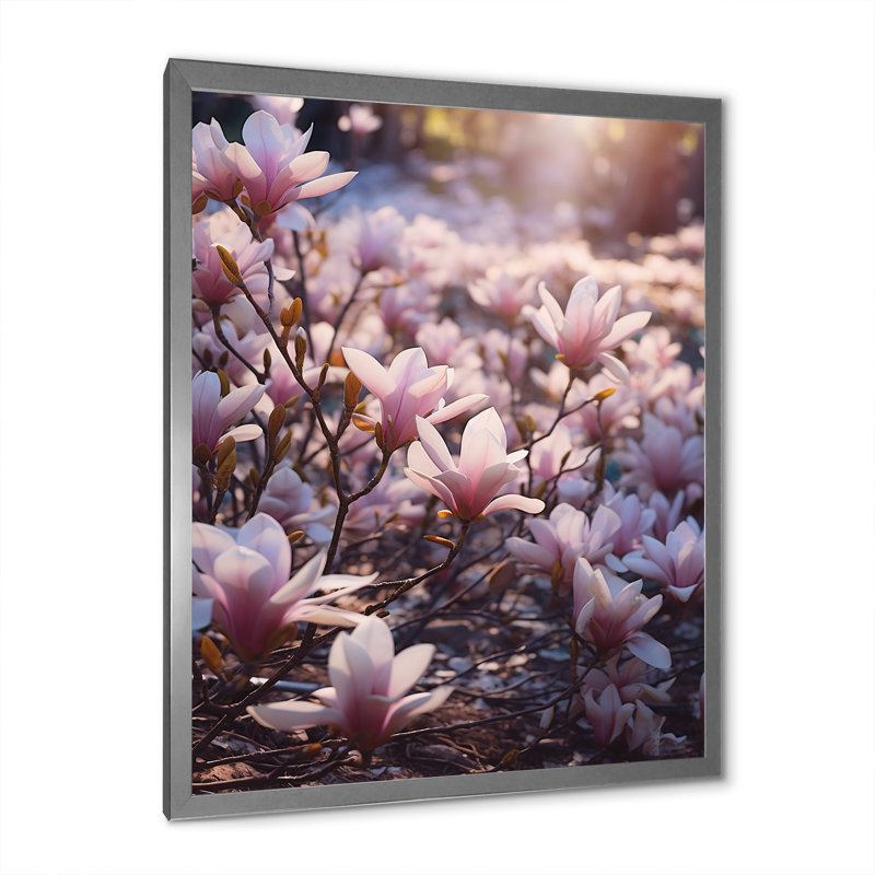 Rose, brun, magnolia, nature, sérénité II, Cadre simple argenté, H 32 po x l 24 po x P 1 po