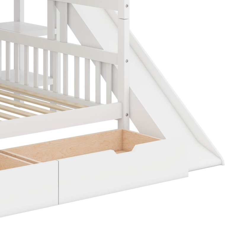 Lit superposé double au-dessus de double, lit superposé de style château avec 2 tiroirs et 3 tablettes, lit superposé en bois massif avec glissière et escalier de rangement