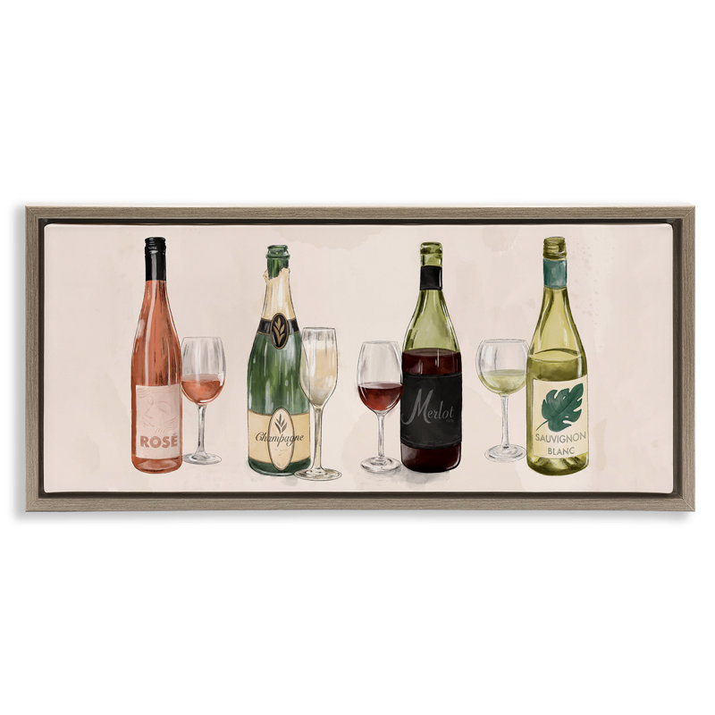 Diverses bouteilles de vin et de champagne, H 11 po x l 25 po, Cadre flottant orme Montalcino