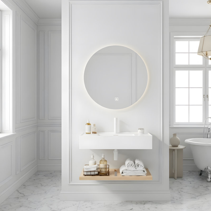 Meuble-lavabo de 30 po avec lavabo vasque, lavabo intégré mural flottant rectangulaire en acrylique blanc sans robinet, couche rayée, couleur grain de bois naturel