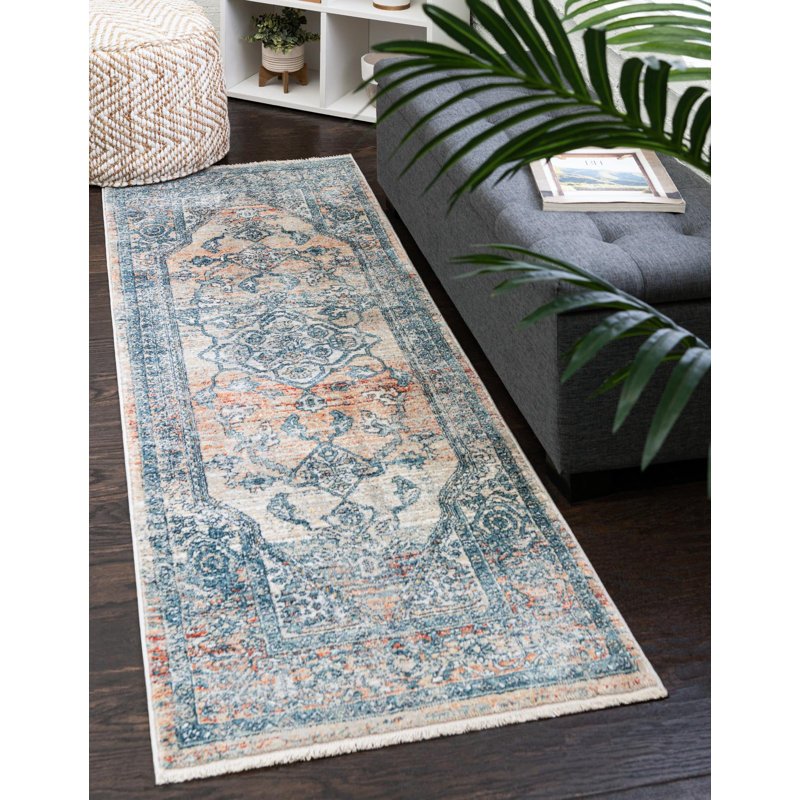 Tapis oriental rouge / bleu Alabama, Tapis de couloir 2 pi 7 po x 10 pi 2 po