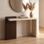 Console de vestibule moderne avec grain de bois de noyer et plateau en faux marbre, table d'appoint en MDF de conception asymétrique, entrée facile