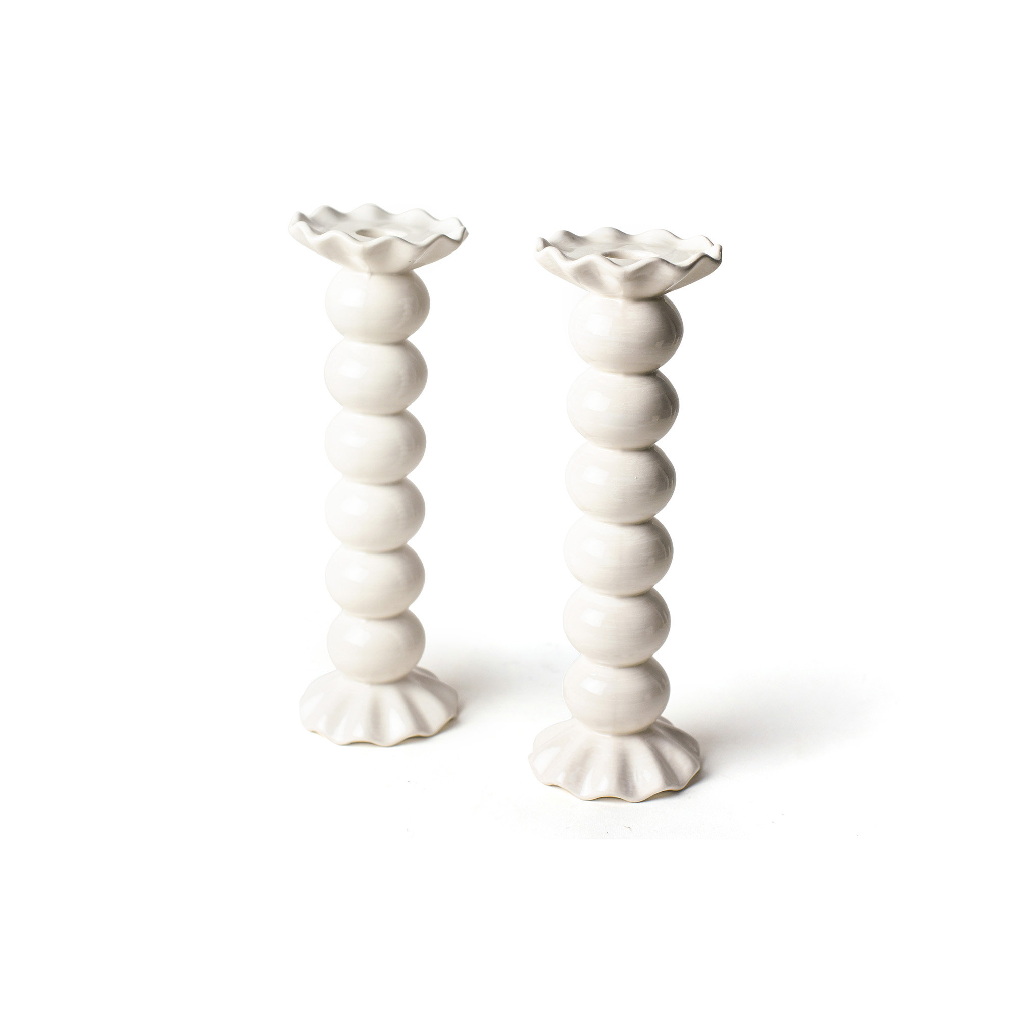 Signature White Medium Knobbed Candle Holder With Ruffle Set Of 2, 10.5" H x 4" W x 4" D