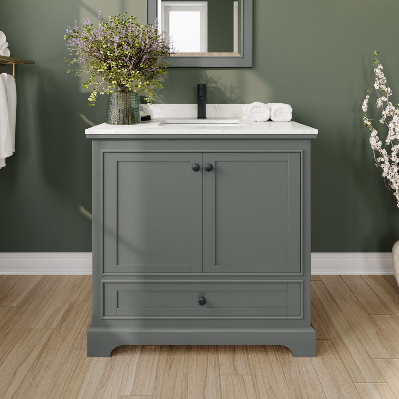 Ensemble de meuble-lavabo simple 36 po Deborah, Gris foncé, Noir mat, Marbre de culture de Carrare