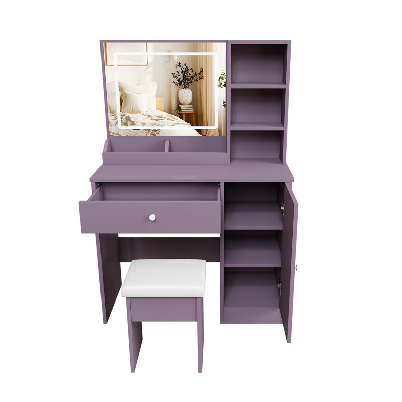 Ensemble de coiffeuse moderne mauve avec miroir à DEL 3 modes et tabouret rembourré