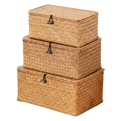 Natural Seagrass Set Of 3 Rectangular Storage Baskets With Lids