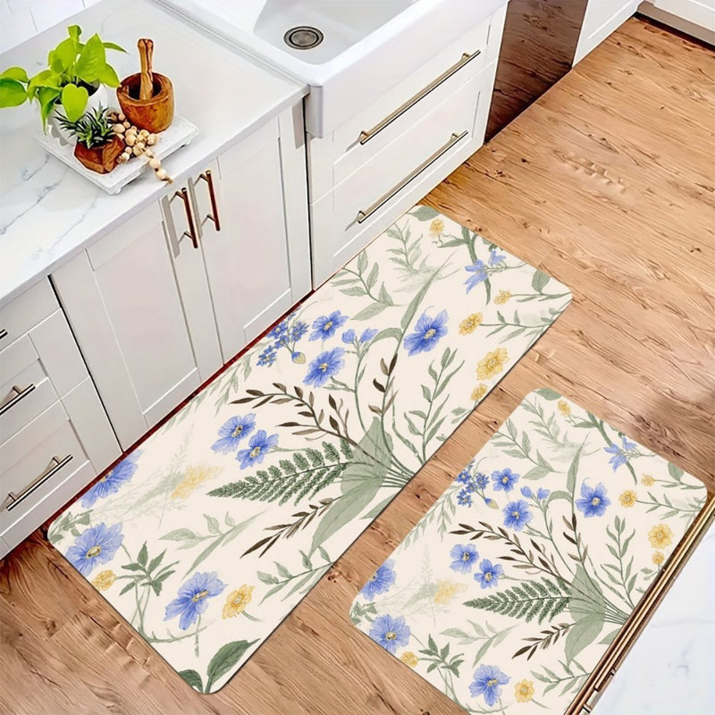Fresh Blue Yellow Florals, 2 Pcs Non Slip Kitchen Mats, Blue Floral