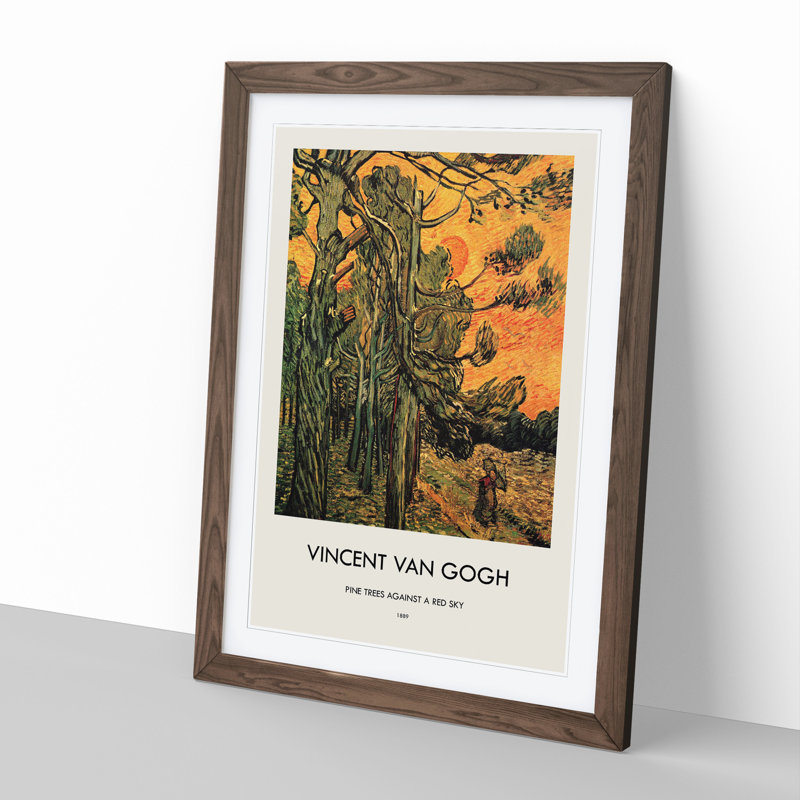 Pine Trees Against a Red Sky Print by Vincent Van Gogh - Picture Frame Painting, Walnut Framed, 36cm H x 27cm W x 2cm D