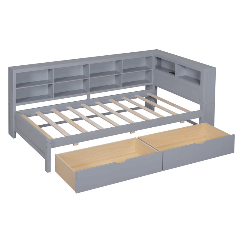 Lit de jour en bois avec 2 tiroirs, lit de jour avec tablette de rangement et ports de chargement USB, Lit simple, Gris