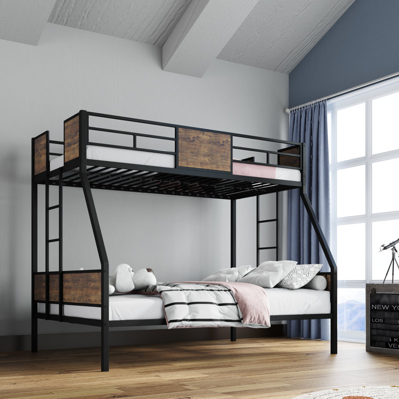 Lit superposé simple au-dessus d'un lit double en métal pour la chambre à coucher, avec garde-corps, lit gigogne, 2 échelles, conception, sans sommier, bois franc d'ingénierie brun, construction solide, installation rapide avec lit gigogne, cadre, espace