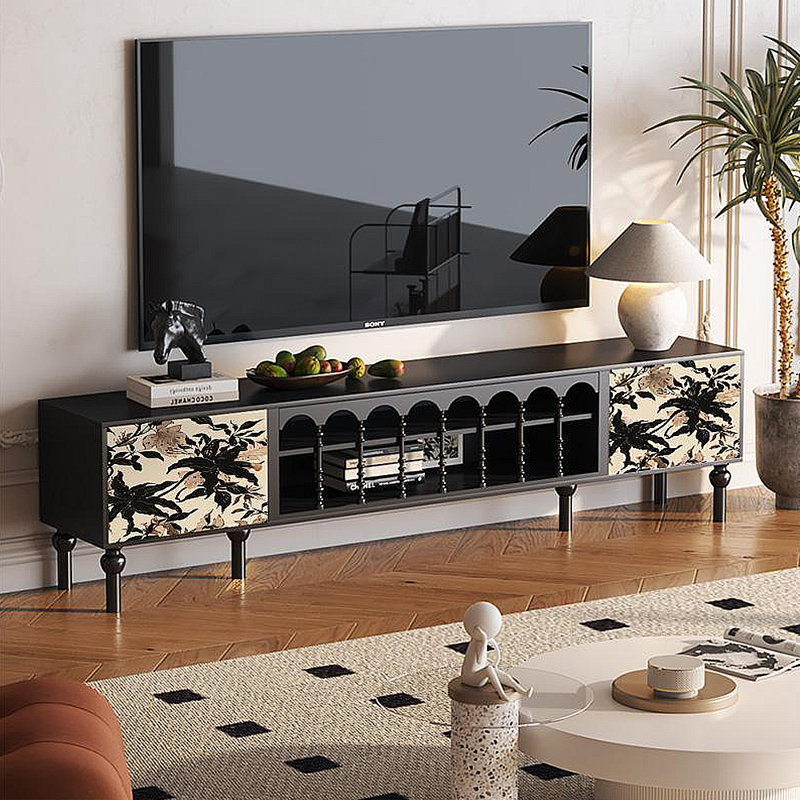 Meuble télé avec rangement peint français rétro, H 21,26 po x L 70,87 po x l 15,75 po, Noir