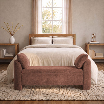 Banc de rangement moderne rembourré de 148 cm de large avec coussins, banc de chambre en chenille aux côtés incurvés pour chambre, entrée ou salon