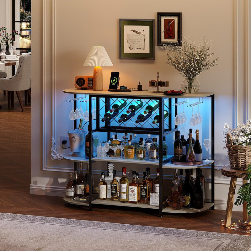 Armoire à vin avec prise de courant et lumières DEL, table de rangement à 4 niveaux avec support en verre pour la maison
