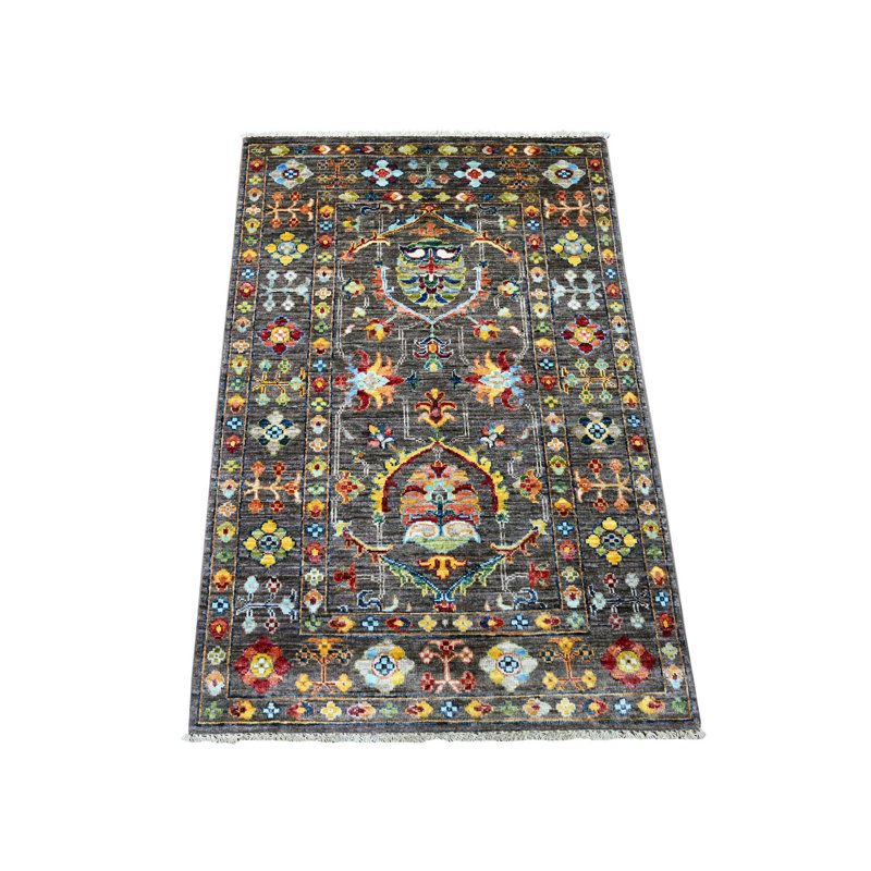 2 pi 8 po x 4 pi 2 po gris pierre, motif floral de Sultani entièrement noué à la main, laine douce et éclatante, échantillon de colorants naturels, tapis, tapis oriental
