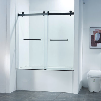 56-60"W X 60"H Frameless Double Sliding Tub Shower Door, 304 Stainless Steel In Matte Black, 5/16" (8Mm) Thick SGCC Tempered Clear Glass.