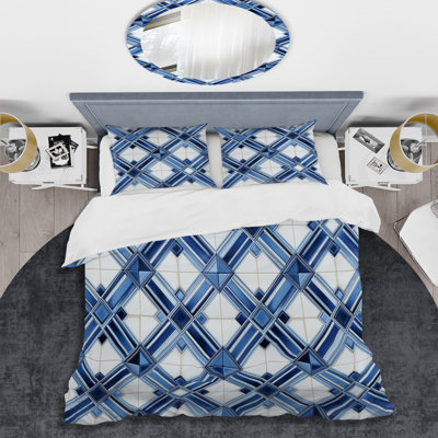 Vintage White An Blue Rectangles Stripes I Geometric Shapes Duvet Cover