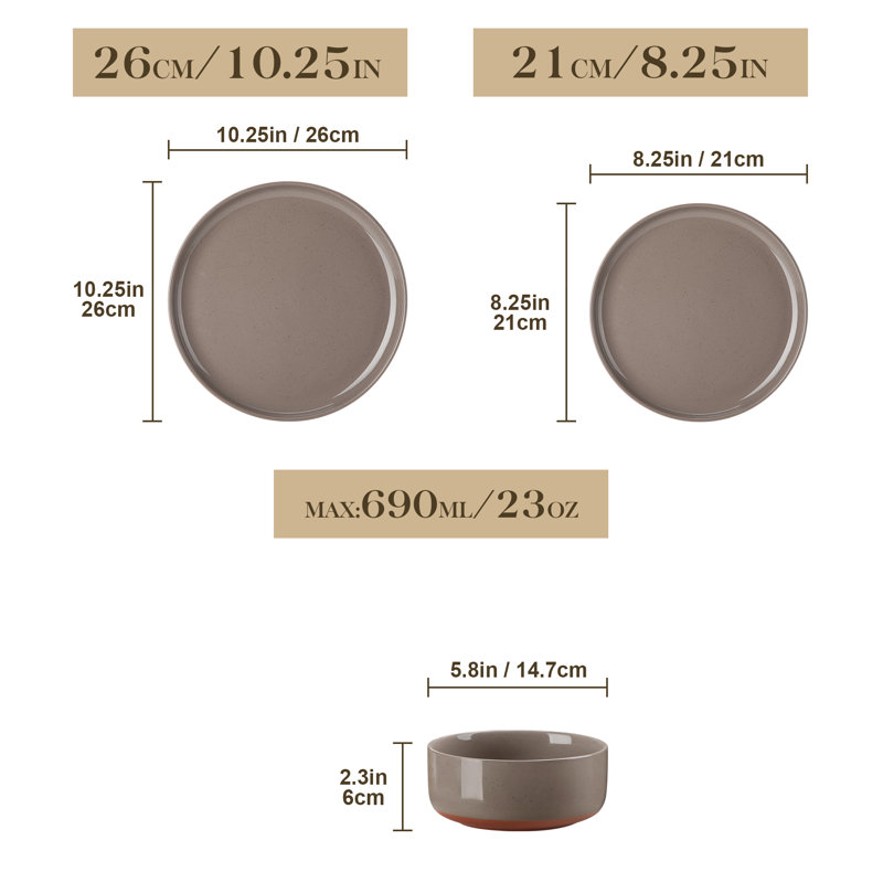 24 Pcs Stoneware Dinnerware Set, Plate And Bowls With Non Slip Base, Specks, Multicolor Set, Brown, Dinner Plates, Dessert Plates And Bowls For 8 Person, Vertical Edge