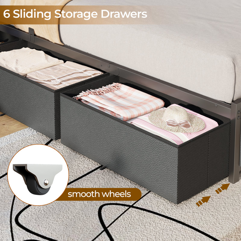 Queen Bed Frame with 6 Underbed Drawers and Open Storage Headboard, Upholstered Platform Bed with Adjustable LED Light and Charging Station, No Box Spring Needed