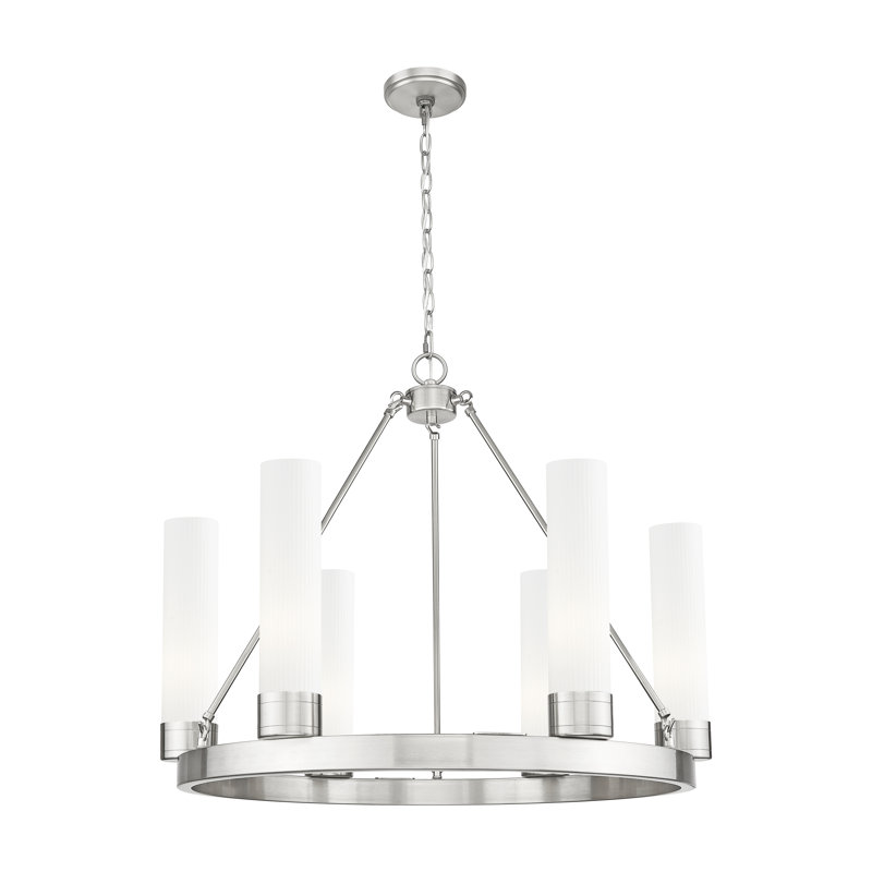Lustre 6 lumières avec abat-jour Scherer, Blanc rayé, Nickel satiné