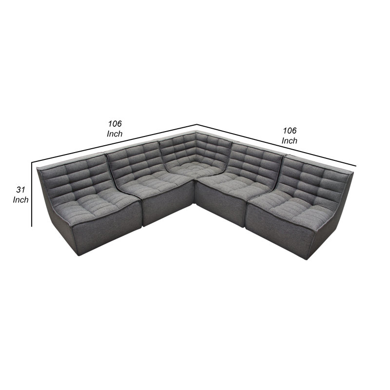 Canapé modulaire 5 pièces Ema, siège arrondi, tissu capitonné Ema, H 31 po x l 106 po x P 106 po, Mélange de polyester gris