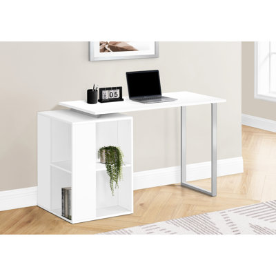Home Office Computer Desk With More Storage - 55"l, White Laminate, Grey Metal, Left Right Adjustable Setup Stylish Table Shelves, Left/right Assembly