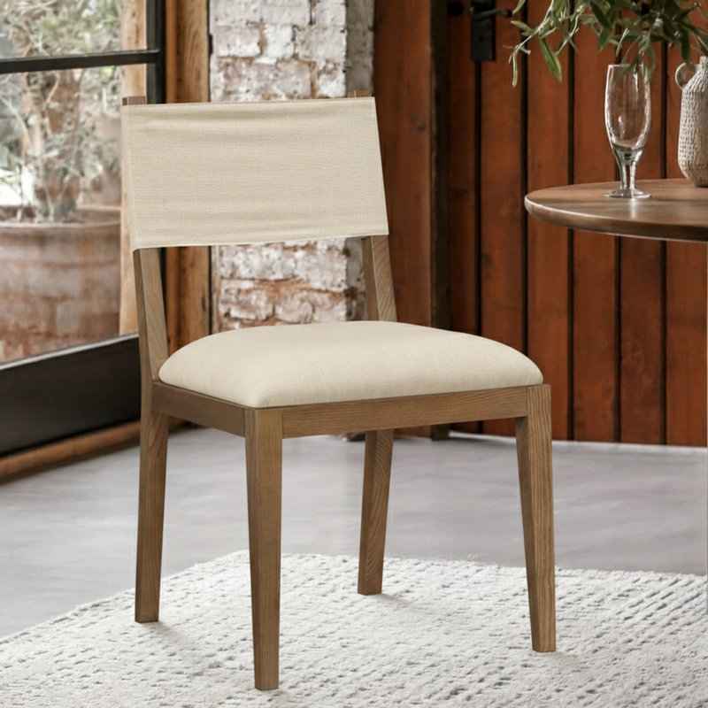 Chaise d'appoint Vina, Noyer teinté, Tissu beige texturé en lin