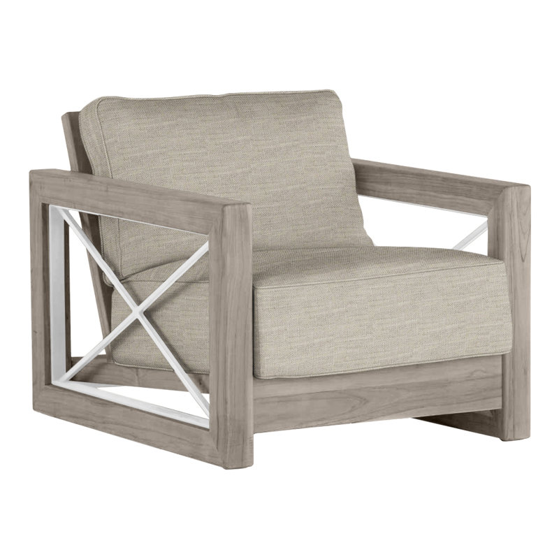 Malta Teak Patio Chair with Cushions, Oyster Teak/Brushed Stainless, Dove Sunbrella® Linen, No welt + Dream fill