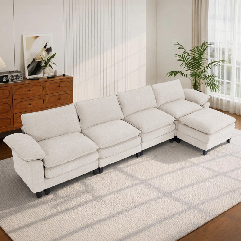 Canapé d'angle rembourré avec 1 repose-pieds, Chenille beige, H 37,4 po x l 146,5 po x P 61 po