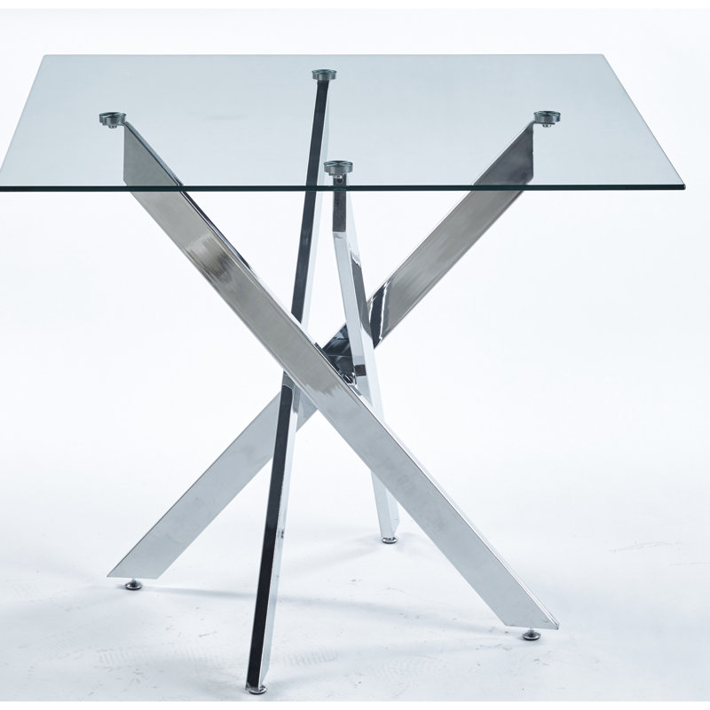 Table de salon moderne avec pieds croisés en métal, longueur réglable et verre lisse pour la surface