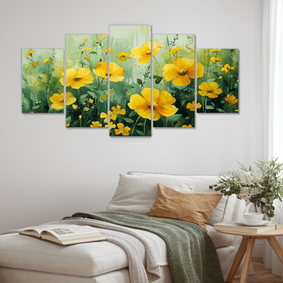 Été fleurs sauvages dans les tons de vert et de jaune IV - décoration murale fleurs sauvages - art mural traditionnel 5 pièces