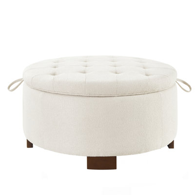 Round Storage Ottoman with Reversible Lid - Boucle Fabric Upholstered Footstool, Hidden Storage Compartment, Wooden Legs, Dual-Purpose Seat & Side Tab