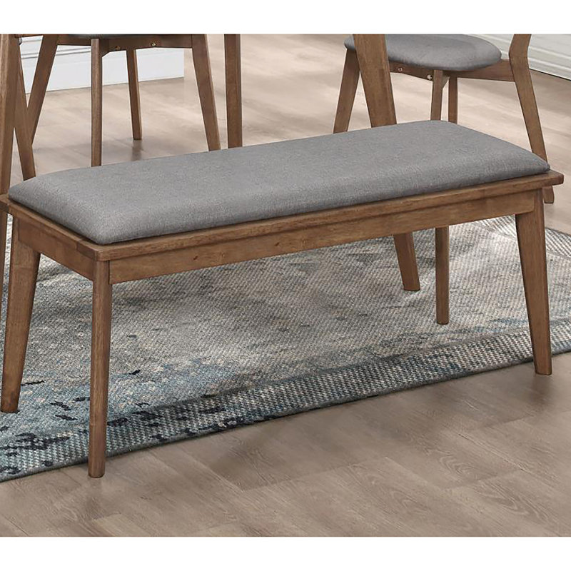 Banc de salle à manger en noyer naturel avec tissu d'ameublement gris d'inspiration Mid-Century