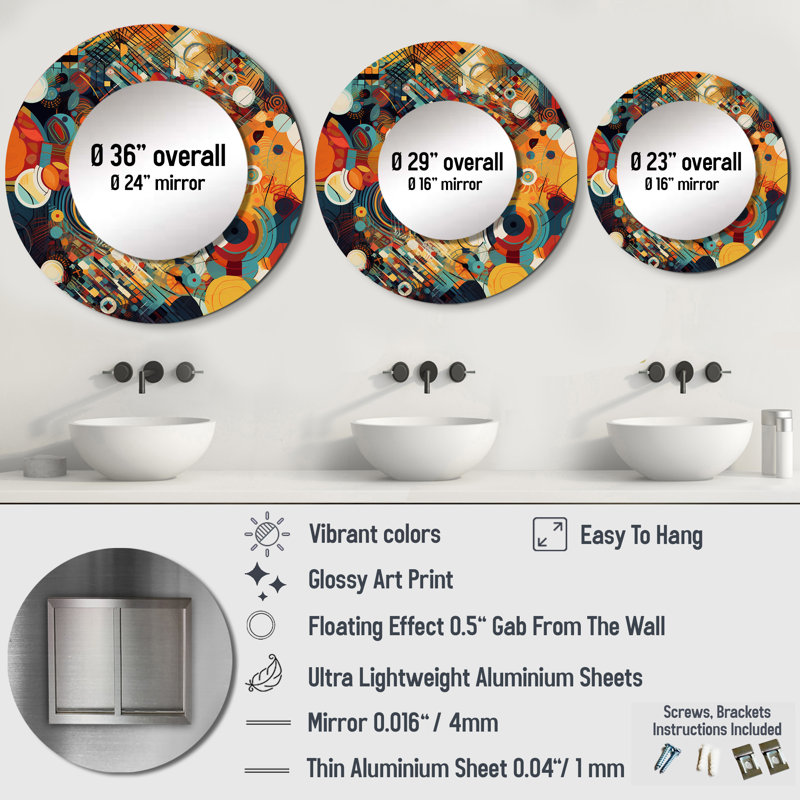 Paj Orange Retro Vibe Background III - Geometric Mirror, Orange Round Unique Wall Mirror, Printed Metal Art, 29" x 29"