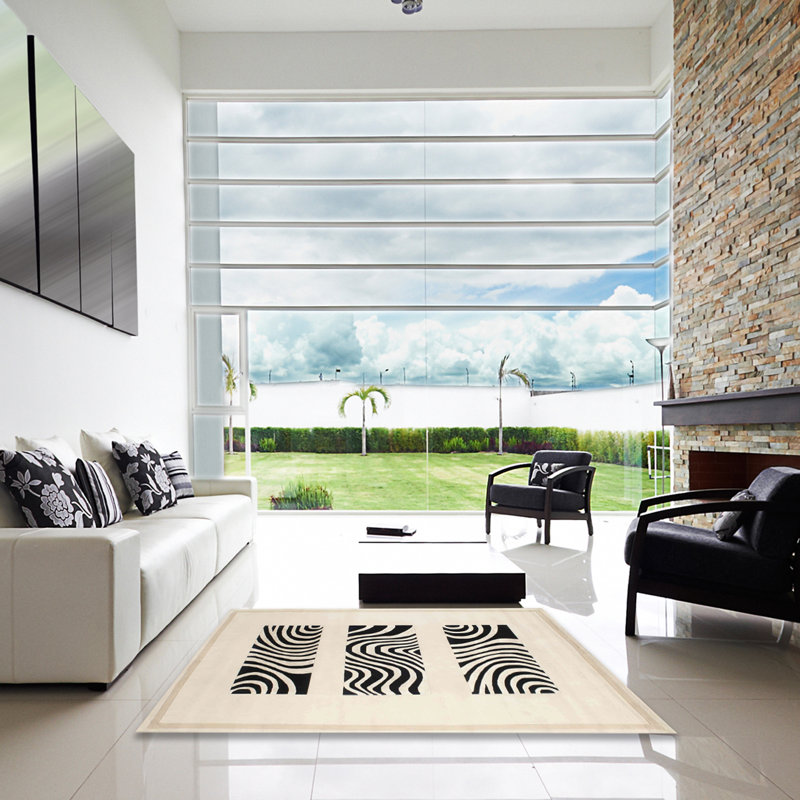 Tapis beige/noir contemporain, Carré 6 pi